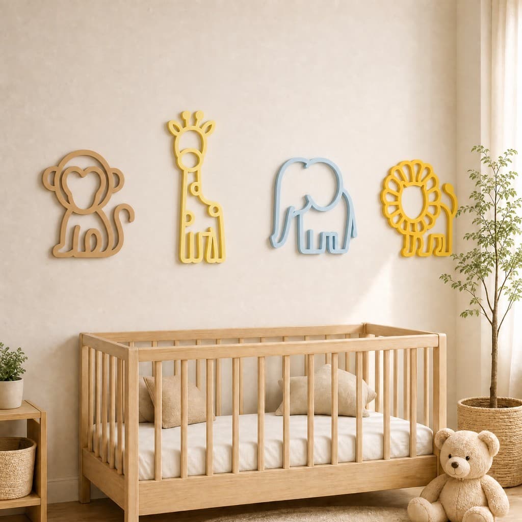 Quadro Decorativo Parede Infantil Safari Kit 4 Peças Quarto de Bebê