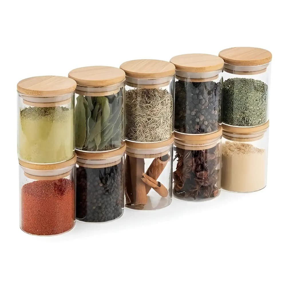 Kit Potes Herméticos Porta Condimento Vidro Tampa Bambu 300ml