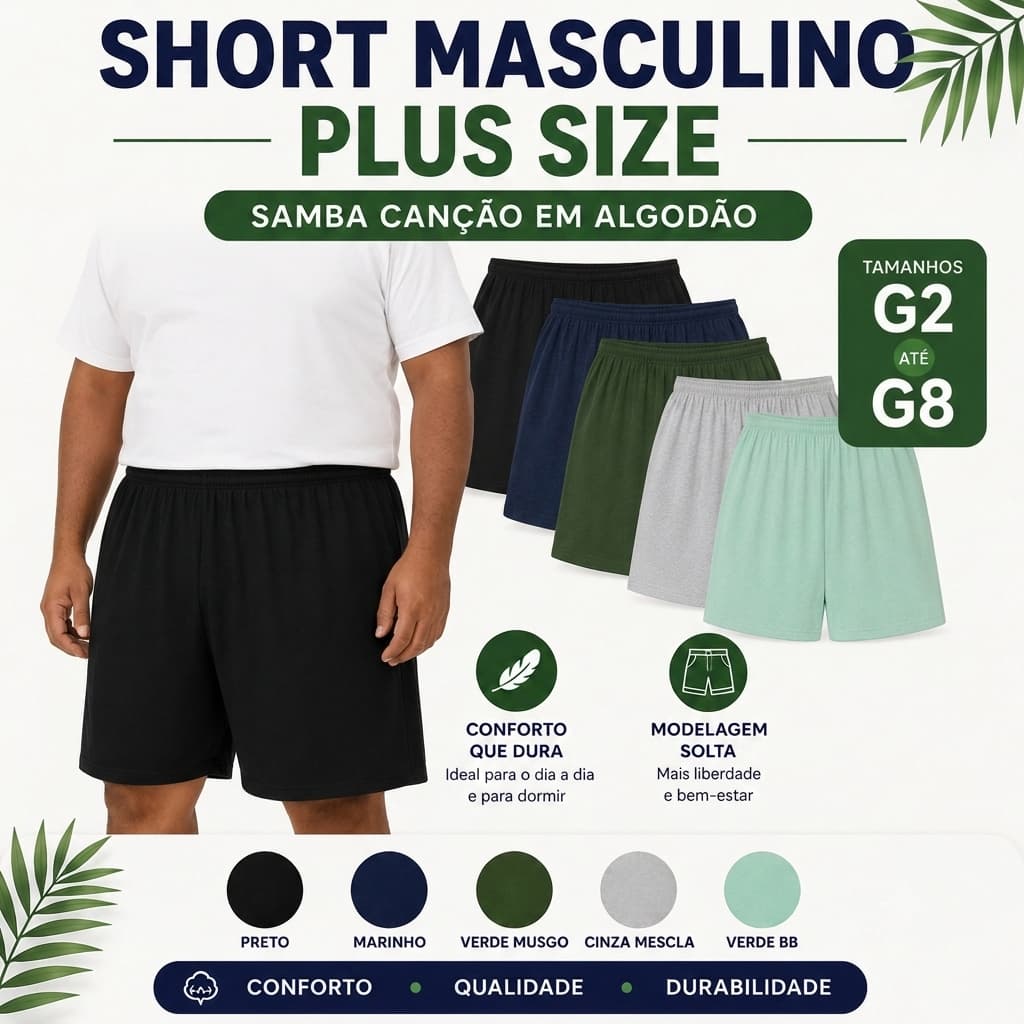 Short Samba Canção Plus Size Masculino G2 Ao G8 100% Algodão Confortável Não Aperta