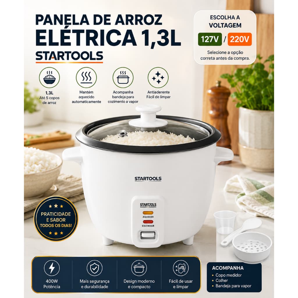 Panela Arroz Elétrica 1,3L 220V ou 127V  Desliga Automática Branca Compacta Mantem Aquecida Arroz Legumes Cozinha Fácil