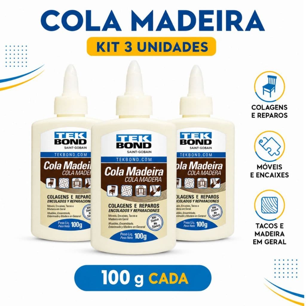 Kit 3 Cola Madeira Tekbond 100g PVA Para Mdf Móveis Artesanato Reparos