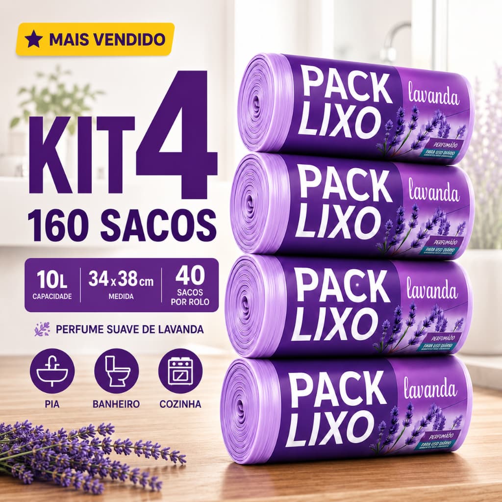 Kit 4 Saco de Lixo Perfumado Lavanda 10L 160 Sacos Banheiro Pia Cozinha Resistente Antiodor