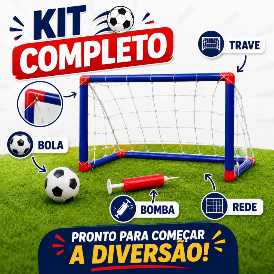 Trave de Futebol Infantil com Bola e Rede Mini Gol Completo Brinquedo Educativo +3 Anos Fácil de Montar