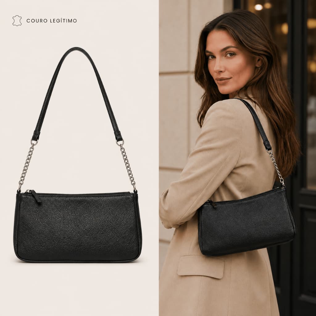 Bolsa Feminina Original Baguete de Ombro com Alça de Corrente e Fechamento em Zíper