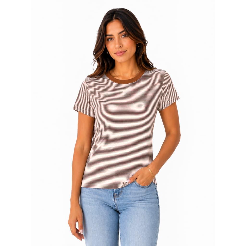 Blusa Feminina Listrada Básica Gola Redonda Casual Verão Manga curta Confortável
