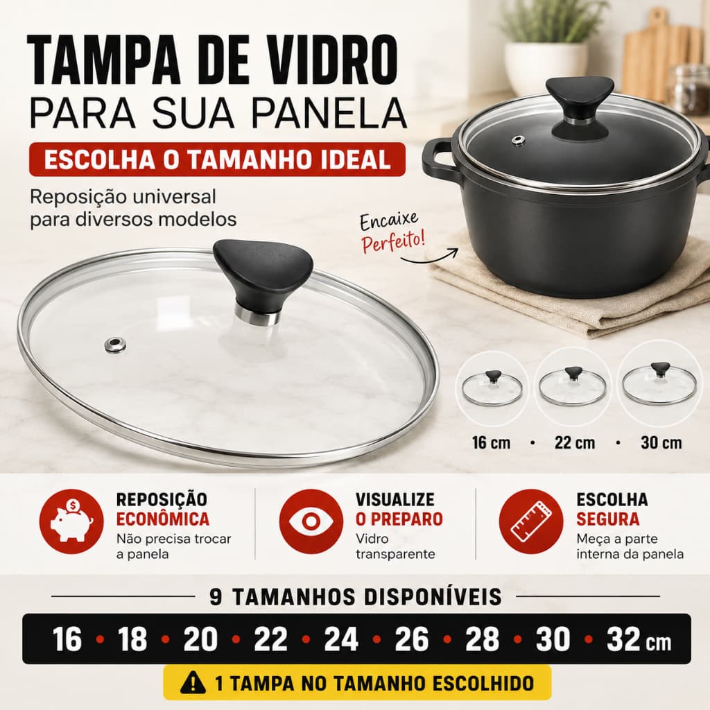 Tampa de Vidro Universal para Panela e Frigideira 16 a 32 cm com Puxador Resistente