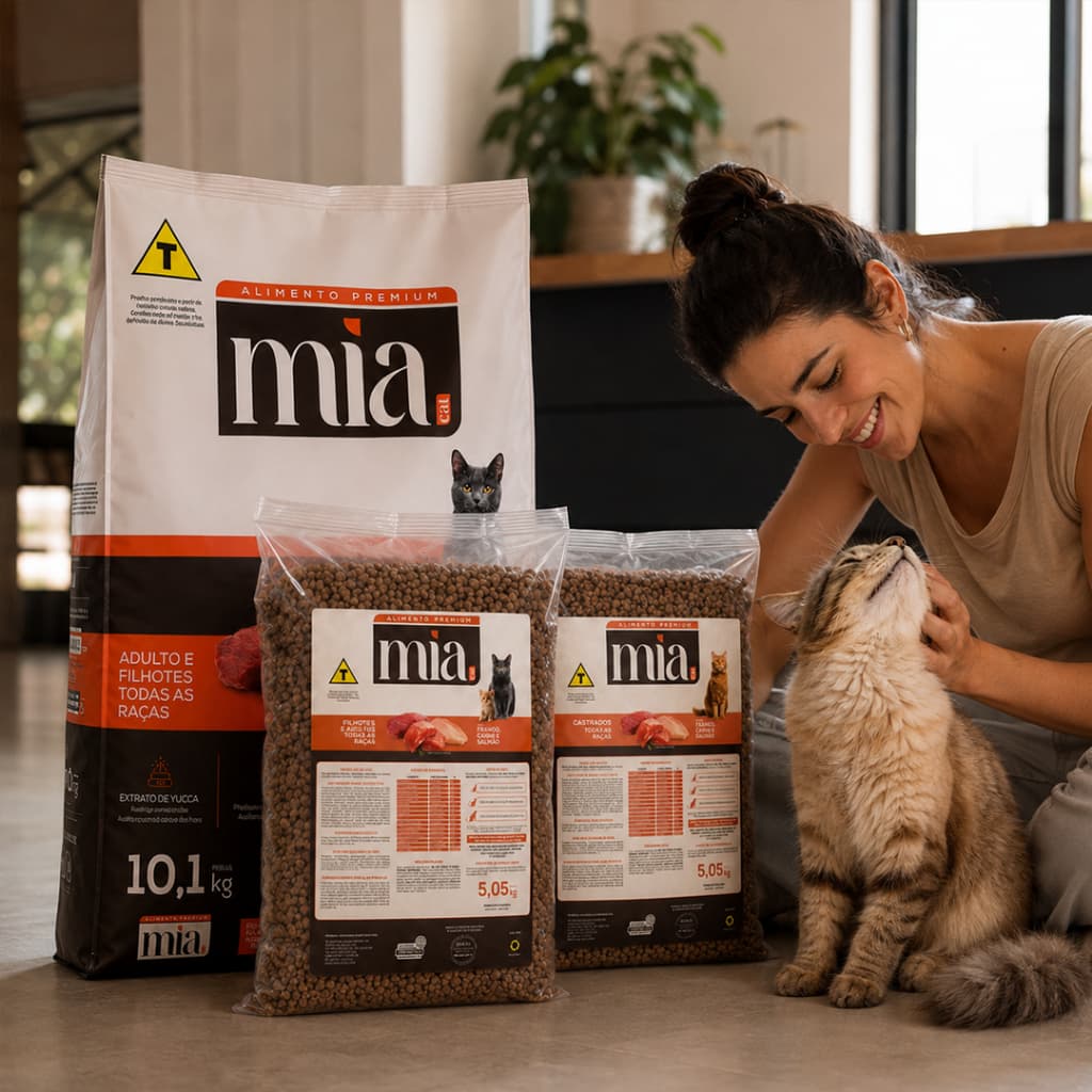 Ração Gato Mia Cat 10kg Adulto Filhote ou Castrado Sabor Frango Carne Salmão 27% Proteína