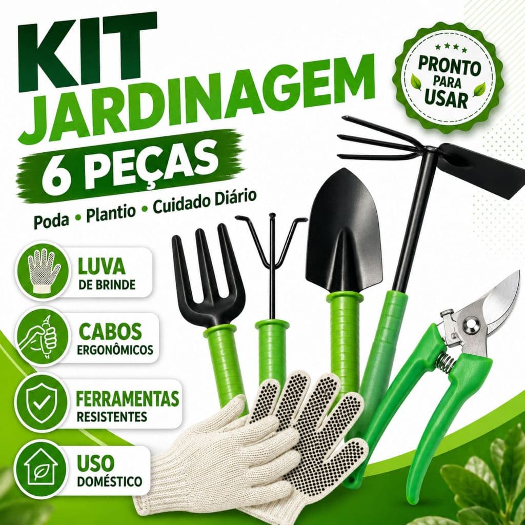 Kit Jogo Jardinagem Jardim 6 Peças Profissional Ferramentas Tesoura Pa Luva Garfo