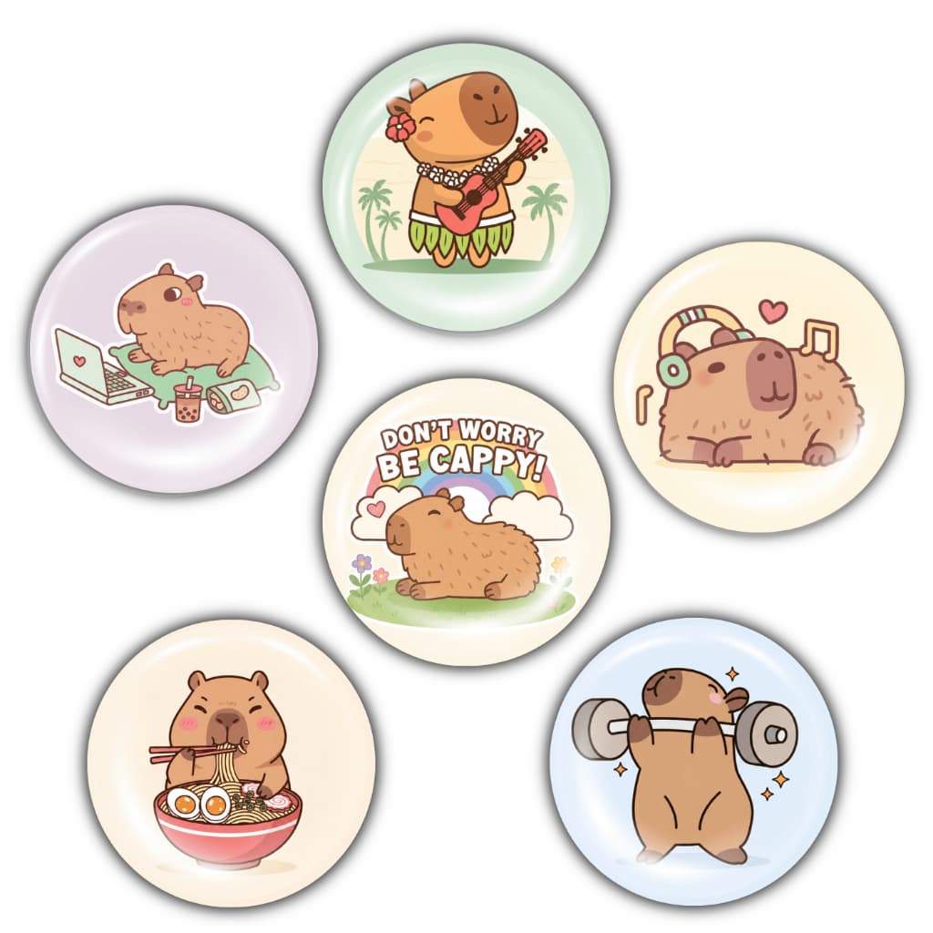 Kit 6 Botons Broches 3,8 cm Capivara kawaii Cute Pin Colecionável para Mochila e Jaqueta