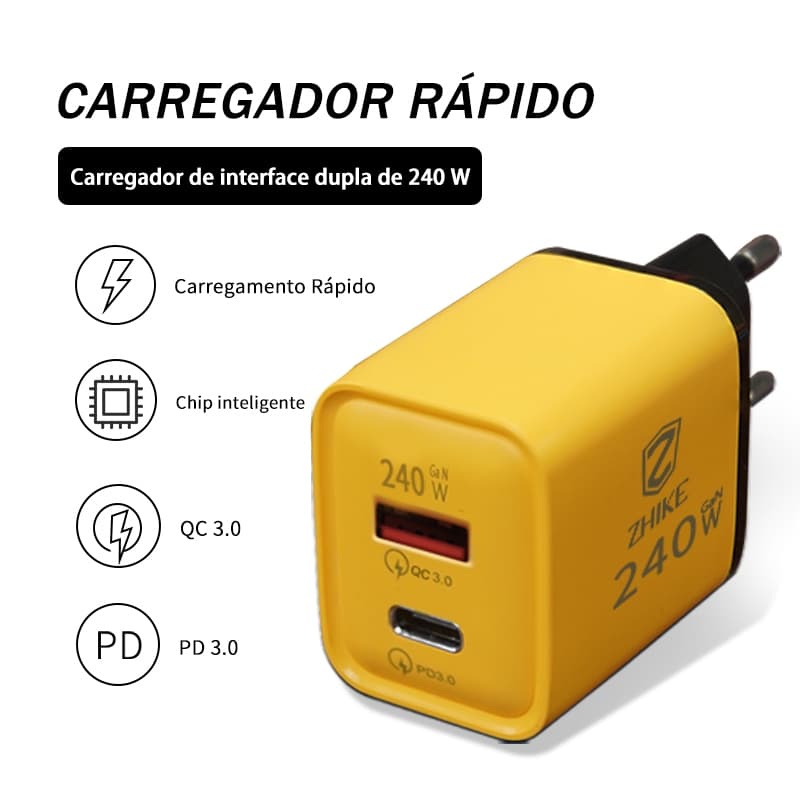 Carregador GaN Adaptador De Carregamento Rápido Interface Dupla USB A/Tipo C A+C Parede Para Viagem