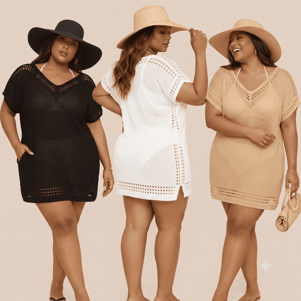 Saída de Praia Vestido Curto Tricot Plus Size Fenda Lateral Tamanho Grande Saída de Banho Moda Verão Curve+ 46 48 50 52