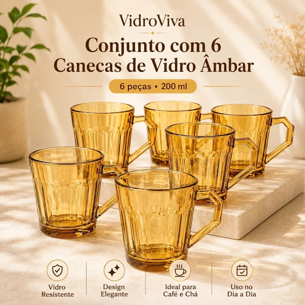Conjunto 6 Canecas de Vidro Âmbar 200ml Vidro Grosso para Café e Chá | Jogo de Copos Elegante Premium