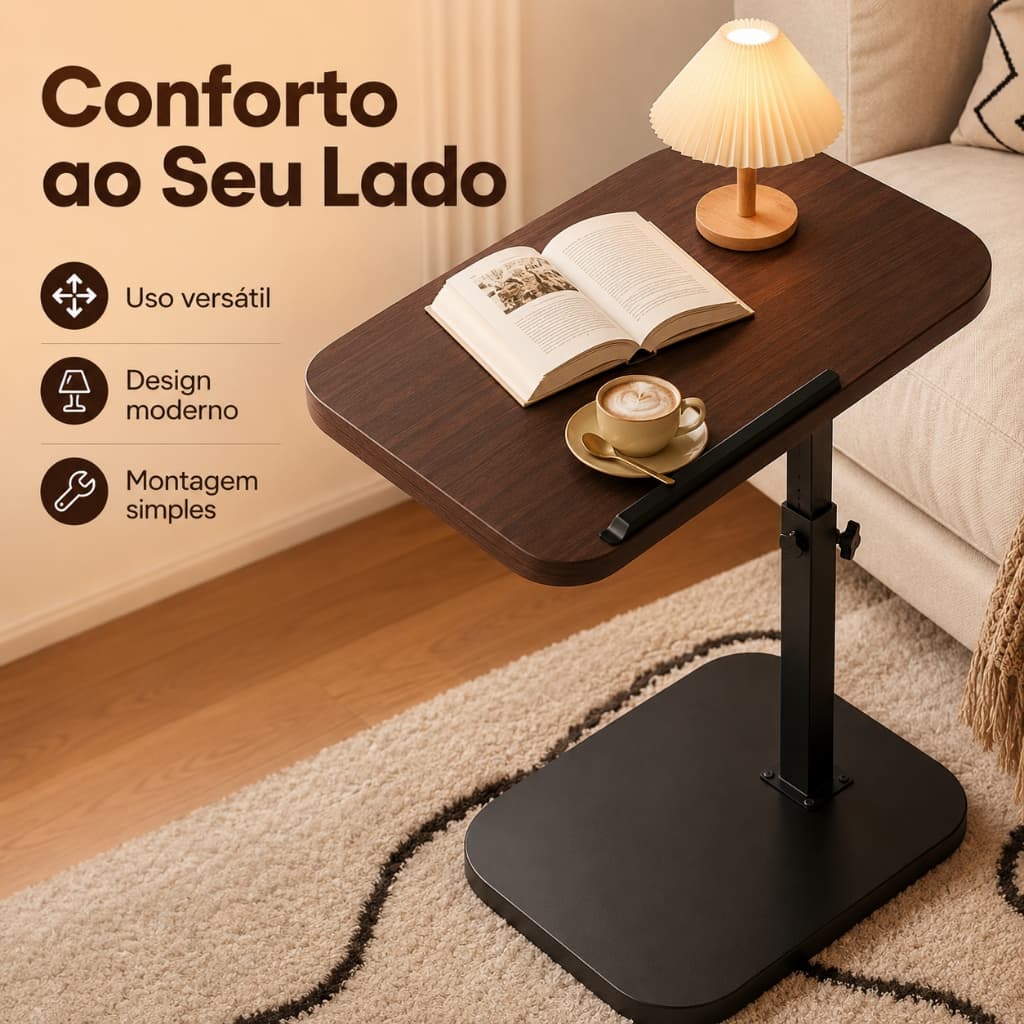 Mesa de Apoio Lateral Ajustável Giratória Portátil para Sofá Cama e Notebook com Rodízios