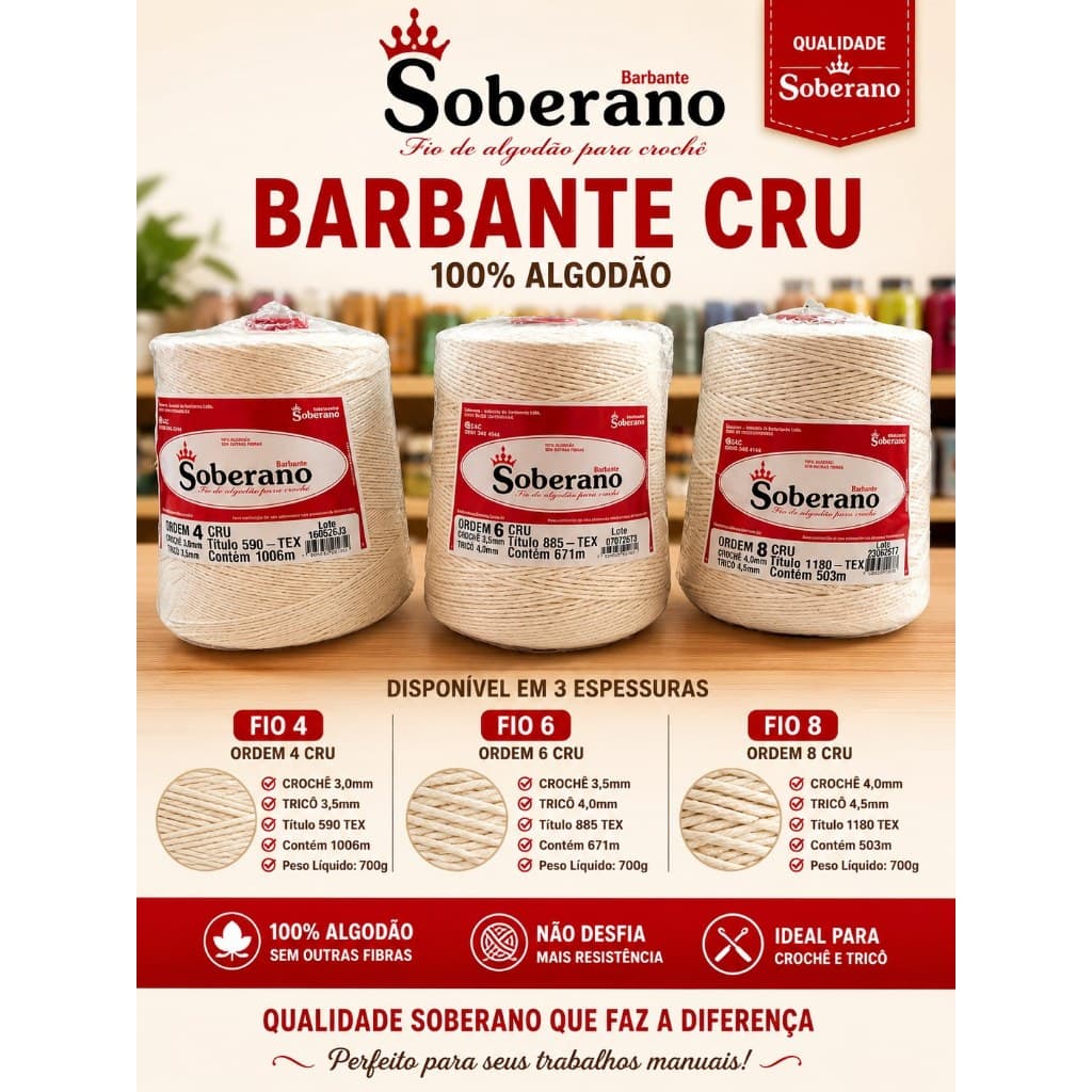 Barbante Cru Soberano 700g Fio 4 Fio 6 Fio 8 100% Algodão Crochê Tricô