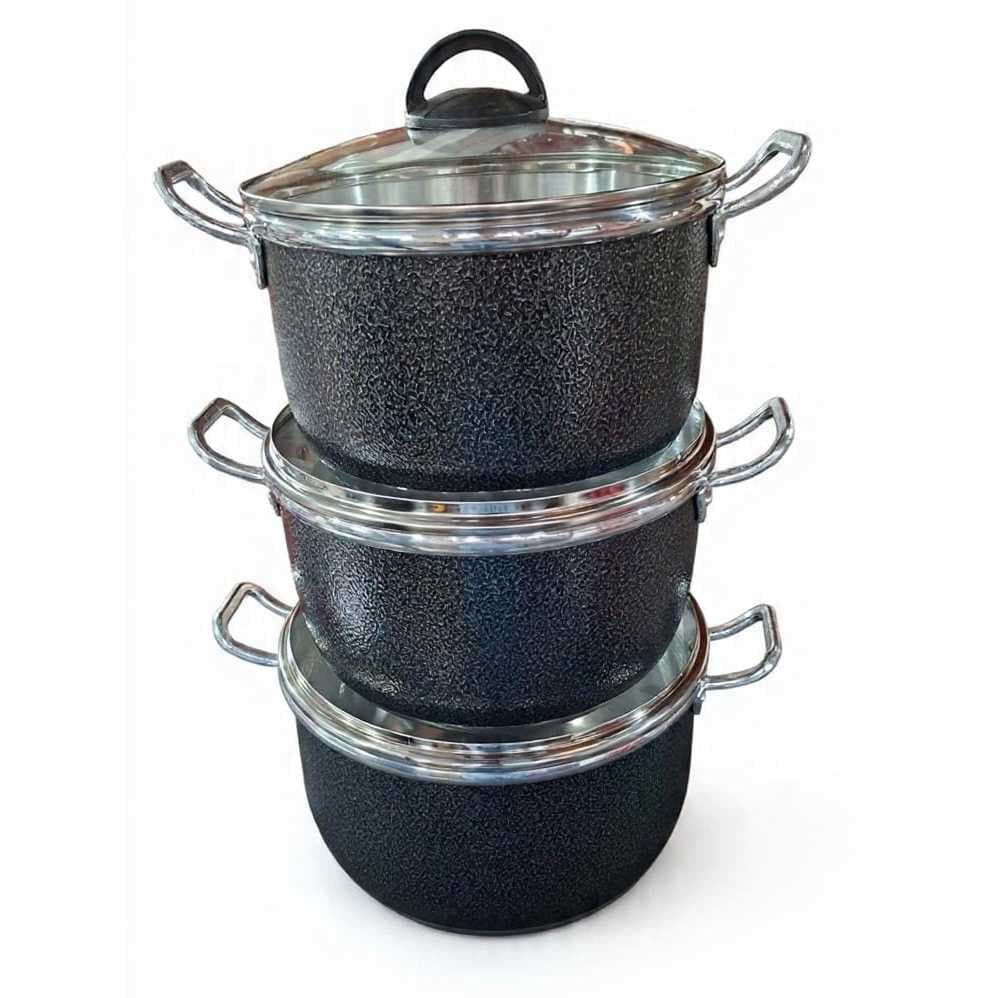 kit com 3 caldeirões  Grandes, nº 24,26,28 cm Aluminio puro, c/ tampa de vidro