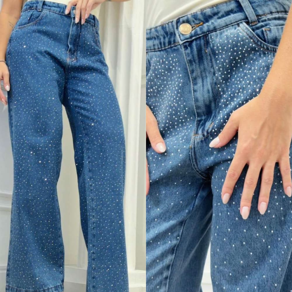 Calça Jeans Wide Leg Com Strass na Frente e Atrás, Cintura Alta - Modelo Explosão