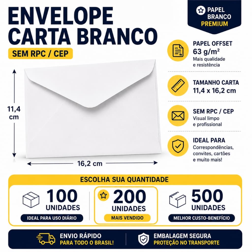 Kit Envelope Carta Branco 11,4cm x 16,2cm Sem RPC/ CEP