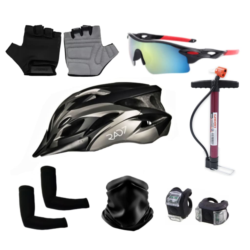 Kit C/ Capacete Bike Com Óculos Luvas Manguito Bandana Bomba de Ar e Par de Led