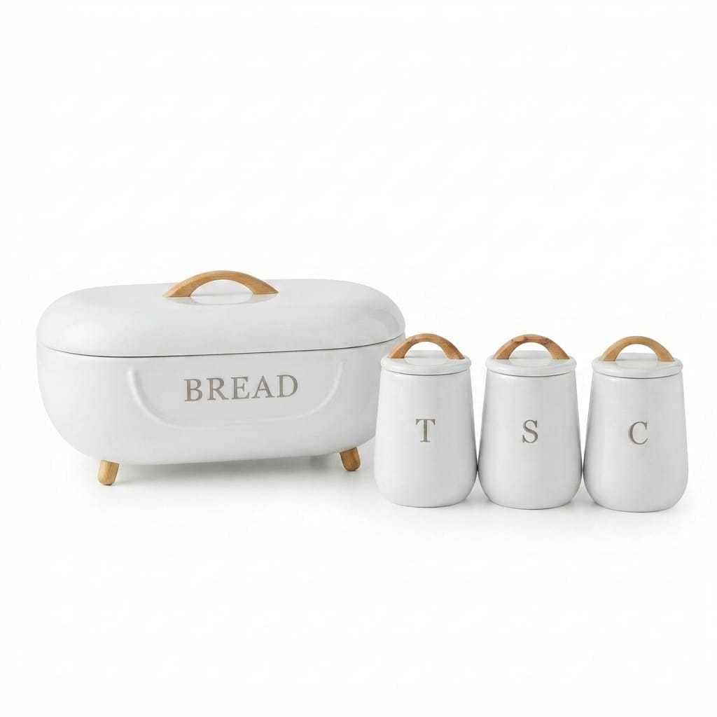 Kit Porta Pão E 3 Potes Mantimentos Café Açúcar Chá Metal Lata Organizador Cozinha Com Alça Madeira