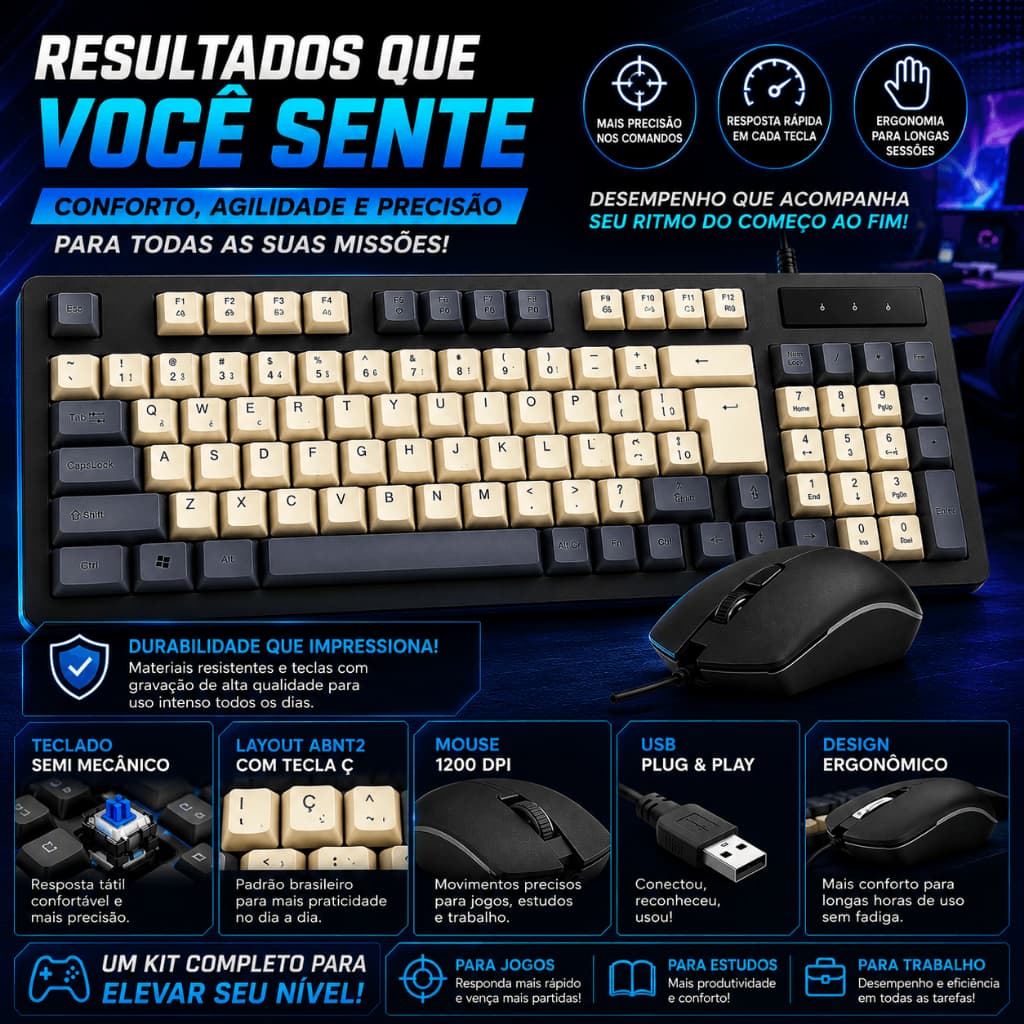 Kit Gamer Teclado Semi Mecânico Altomex AL-9510 + Mouse Gamer 1200 DPI USB ABNT2 Plug Play