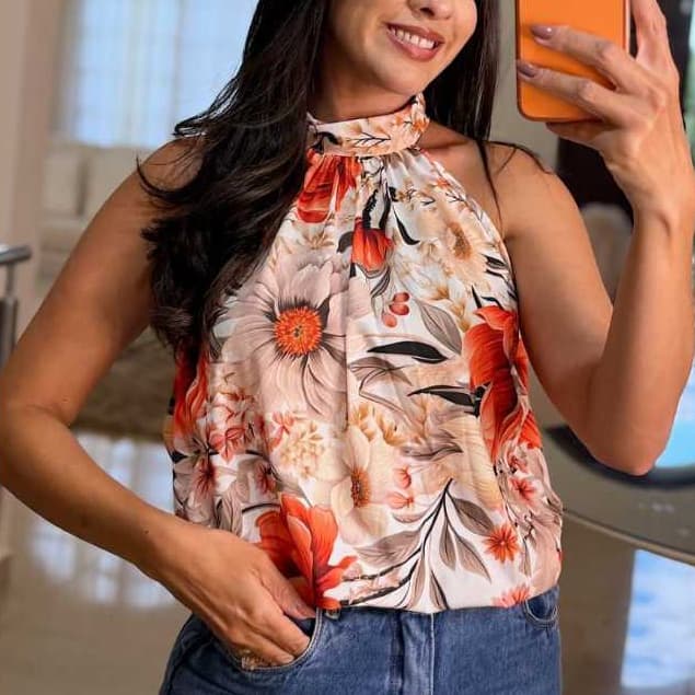Blusa Feminina Frente Única Gola Alta Floral Elegante Social Regata Crepe Moda Feminina