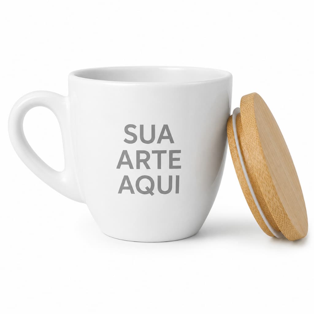 Caneca Cônica Personalizada com Tampa de Bambu 200ml | Caneca de Cerâmica para Café, Chá e Presente Personalizado