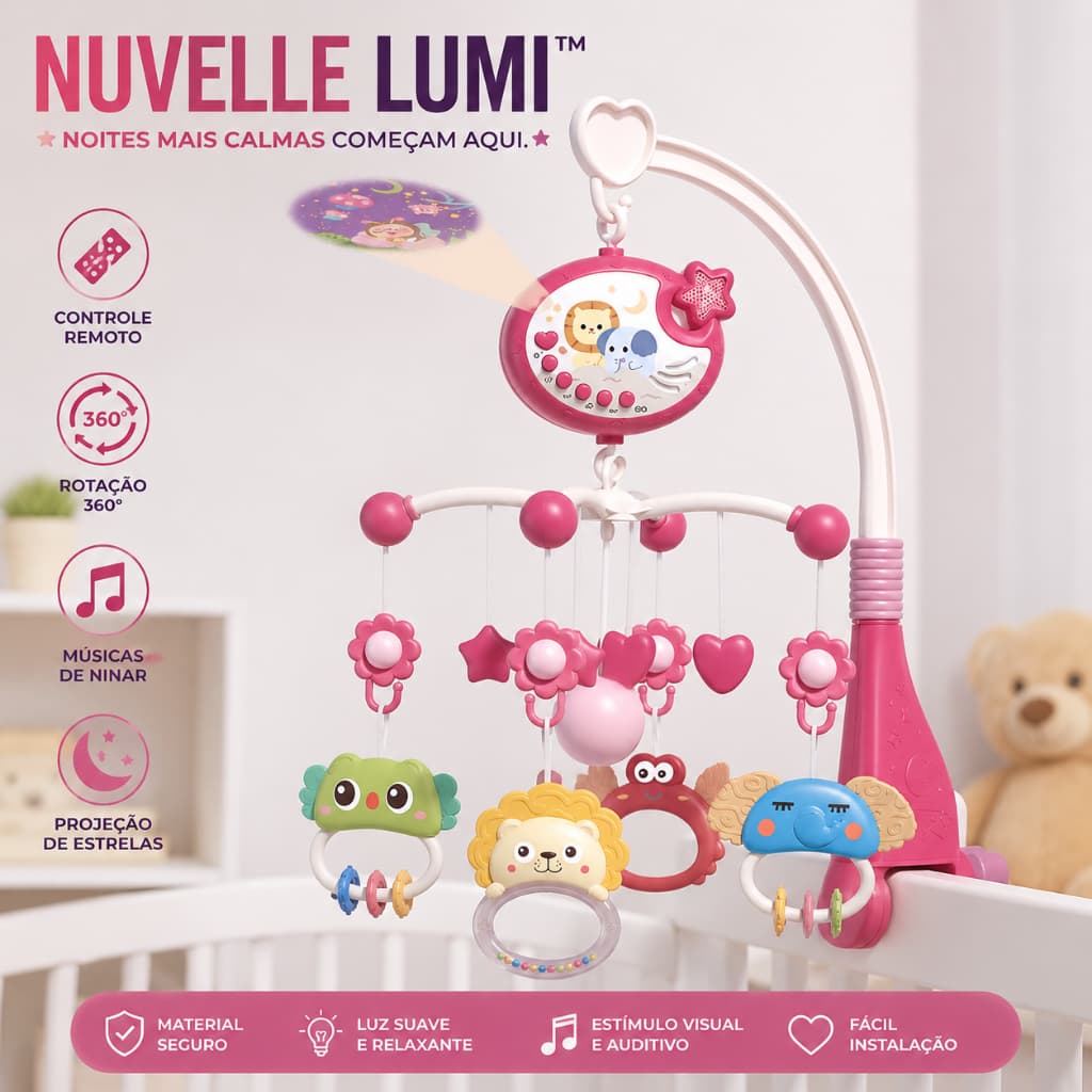 Nuvelle Lumi™ Mobile Musical Berço Projetor de Estrelas Giratório 360° Controle Remoto, Luz Noturna e Músicas de Ninar