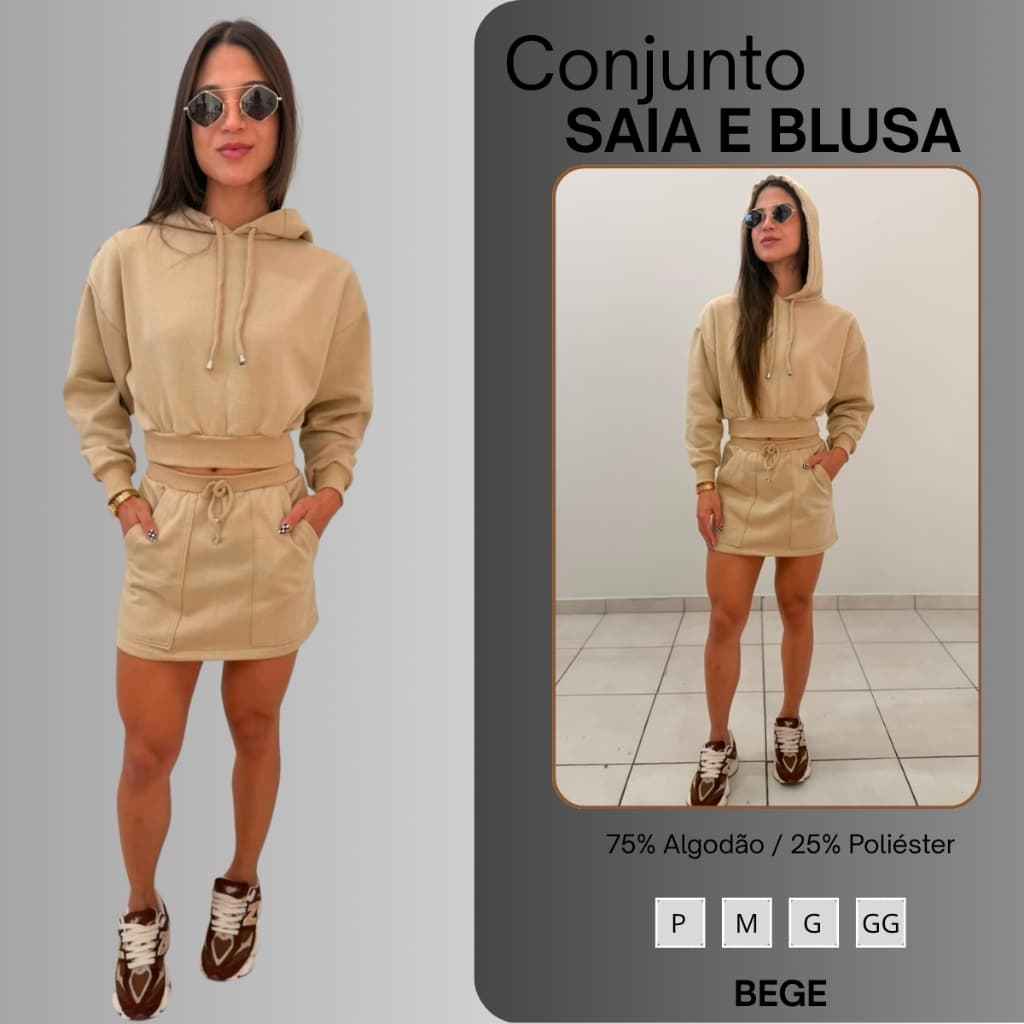 Conjunto Saia e Blusa Capuz Moletom Moda Feminina Moletinho Lançamento Frio Levinho