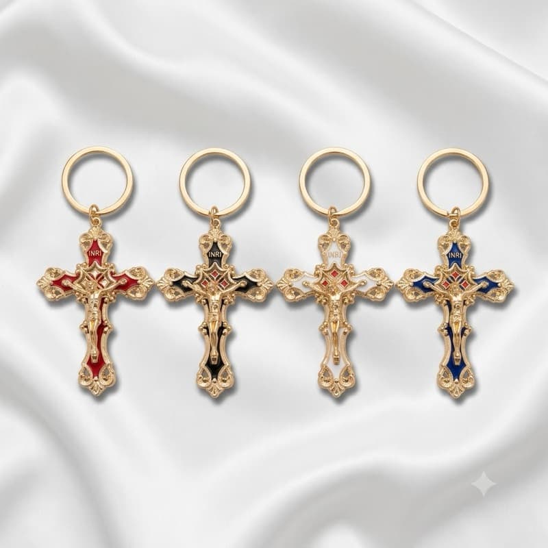 Chaveiro Premium Crucifixo Jesus Cristo Acetinado Banhado a Ouro Exclusivo Pronta Entrega
