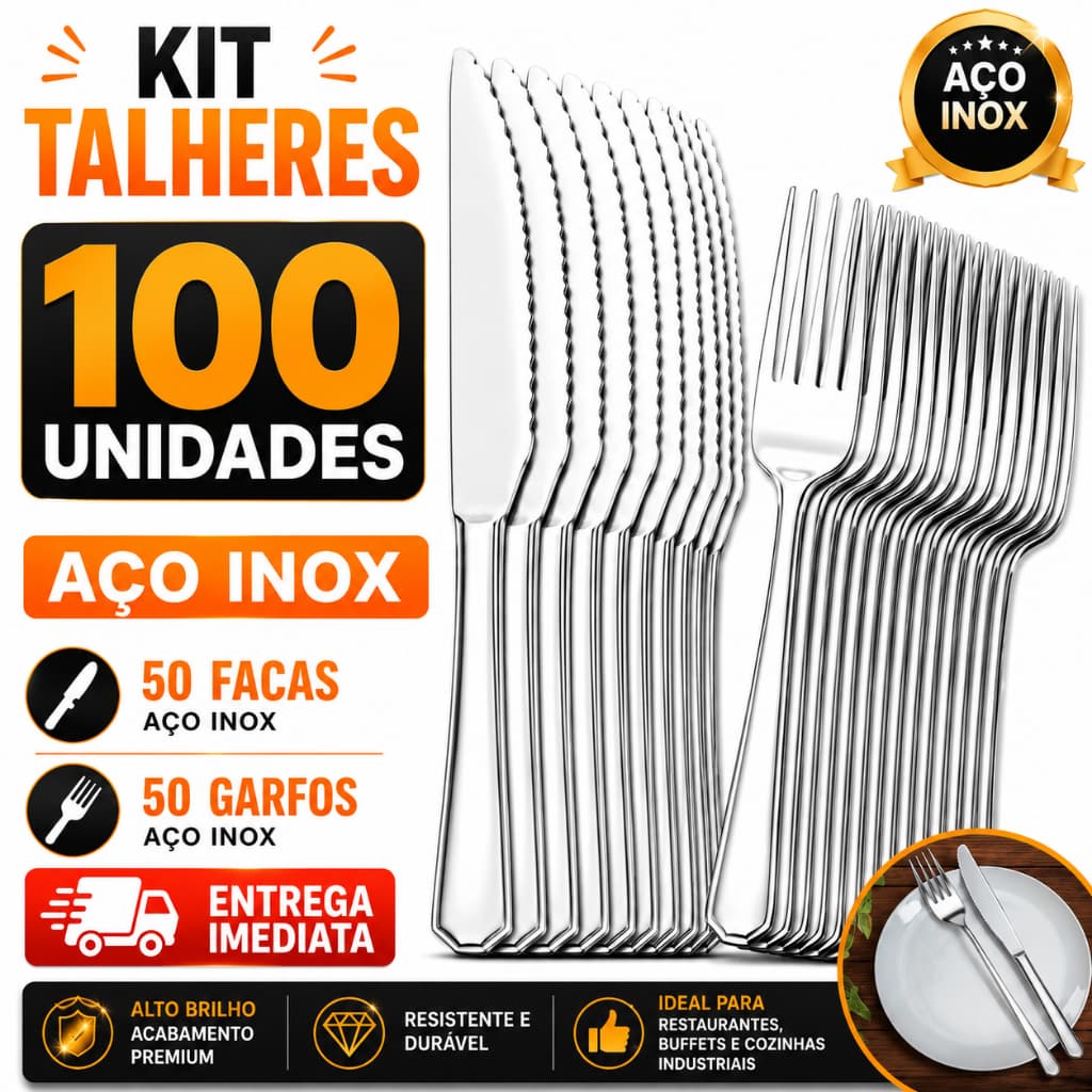 Kit 100 Talheres Aço Inox 50 Garfos + 50 Facas Resistente Restaurante Buffet Cozinha Industrial