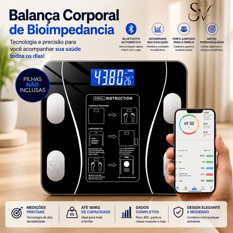 Balança Inteligente Digital Corporal com Bioimpedância e Bluetooth | App Grátis | Suporta até 140kg