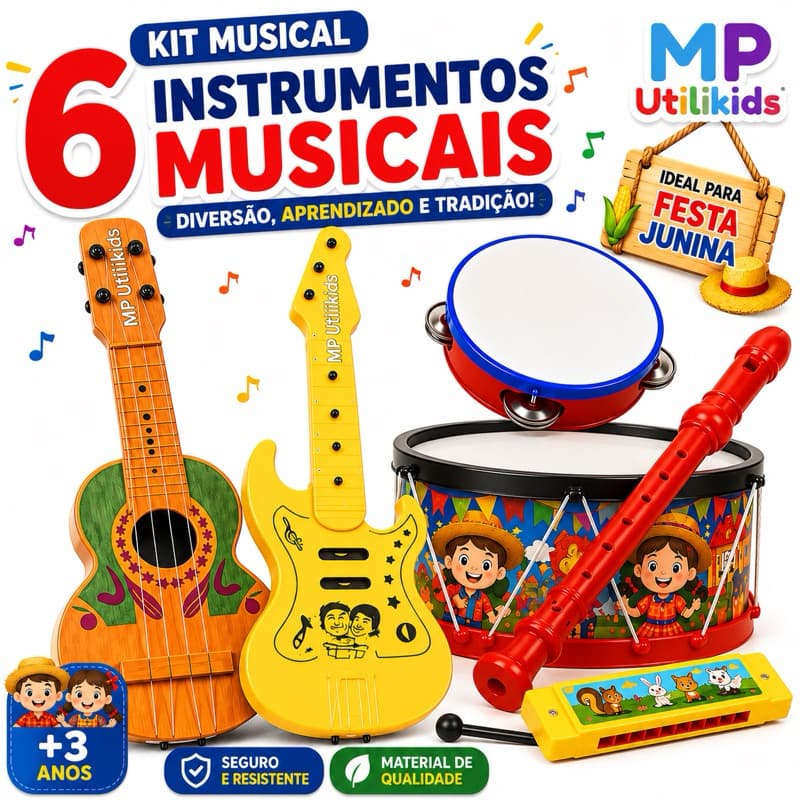 Kit Gaita Viola Tambor Prenda Infantil 6 Intrumentos Brinquedos Educacional Pandeiro Festa Junina