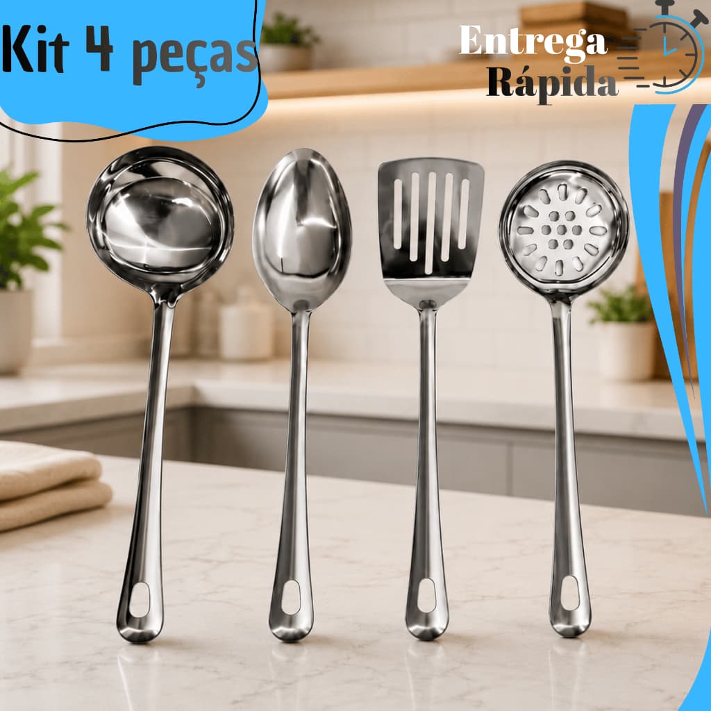 Kit Utensílio Inox Cozinha 4Peça Concha Colher Arroz Escumadeira Espátula Vazada Profissional Buffet