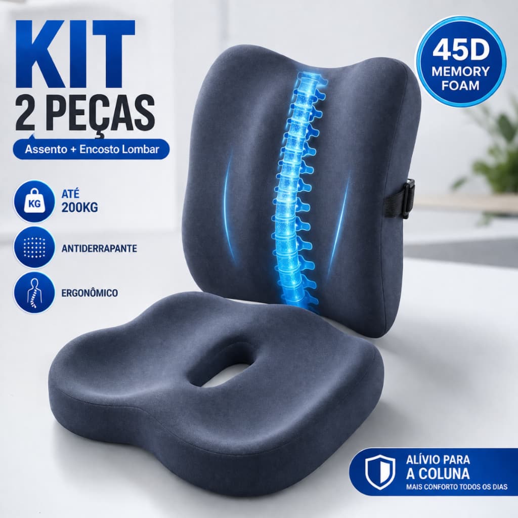 Kit Almofada Ortopédica Memory Foam 45D Assento + Encosto Lombar Ergonômico Para Cadeira 200KG