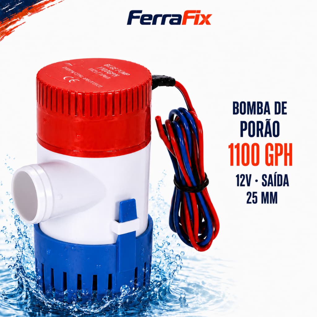 Bomba de Porão Submersível 1100GPH 12V, Saída 25mm para Barco, Lancha, Piscina e Drenagem de Água