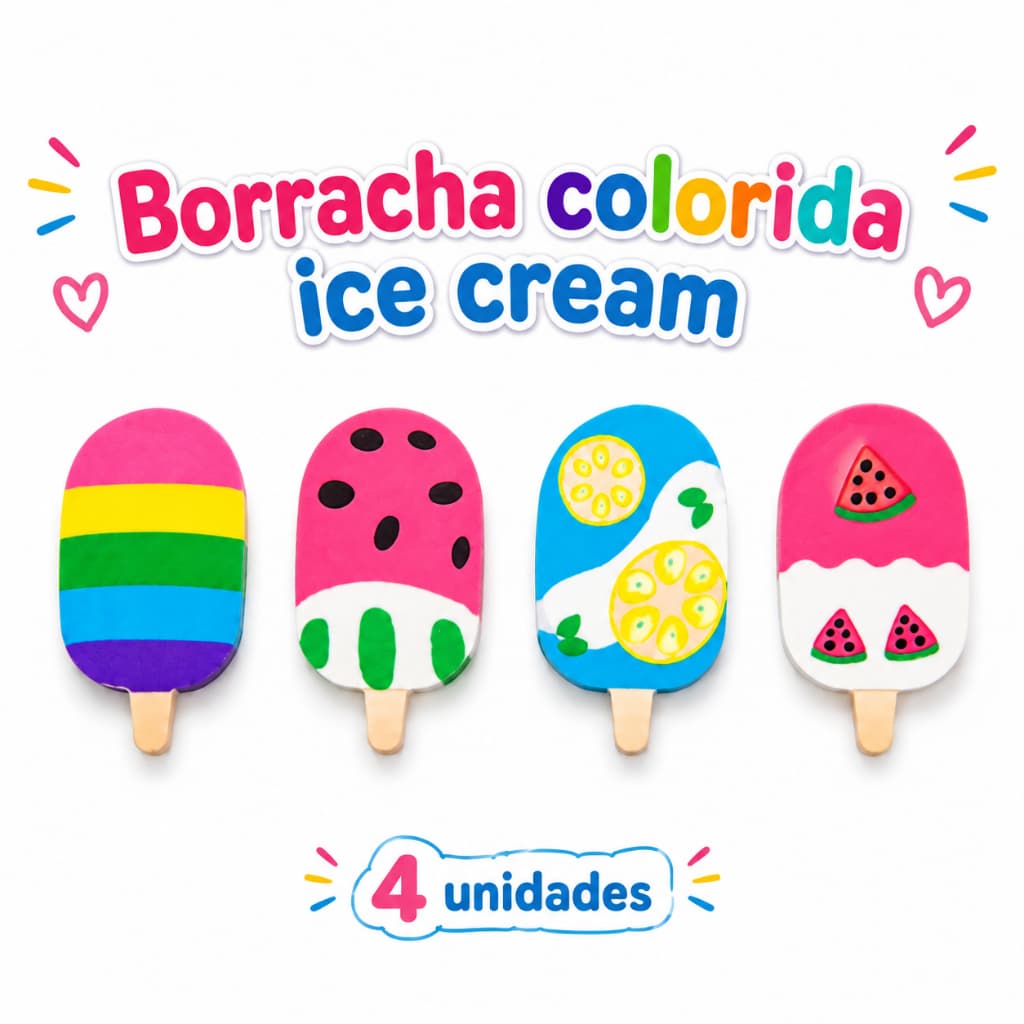 Borracha Colorida Ice Cream Macia Apagável para Lápis 4 Unidades