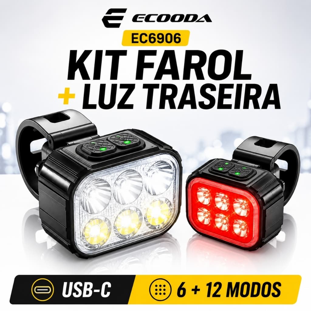 Kit Farol Bike 6 LEDs 500 Lumens + Lanterna Traseira USB-C Recarregável 6+12 Modos IP65 ECOODA EC6906