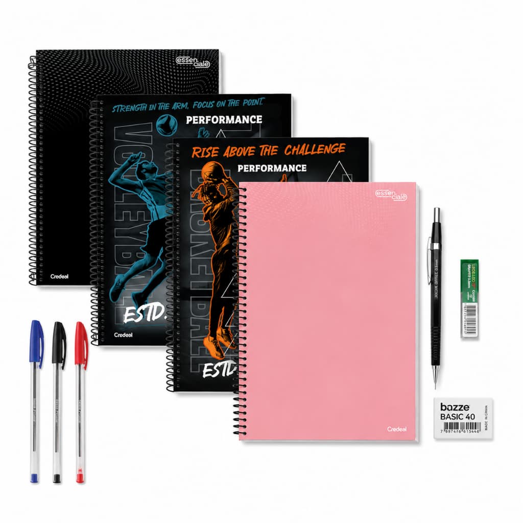 kit Material Escolar Caderno de 20 Matérias 280 Folhas + Material com 3 canetas + Lapiseira + Grafite e Borracha