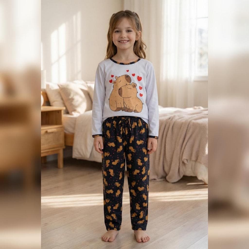 Kit Pijama Infantil Capivara Frio Barato Manga Longa e Calça Personagens