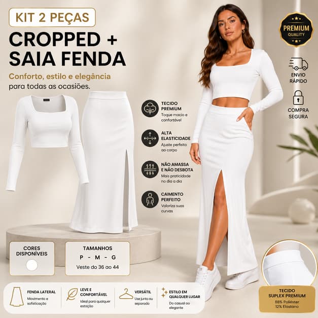 Kit 2 Peças Feminino Cropped Decote Reto e Saia Longa Midi Premium Alta Qualidade