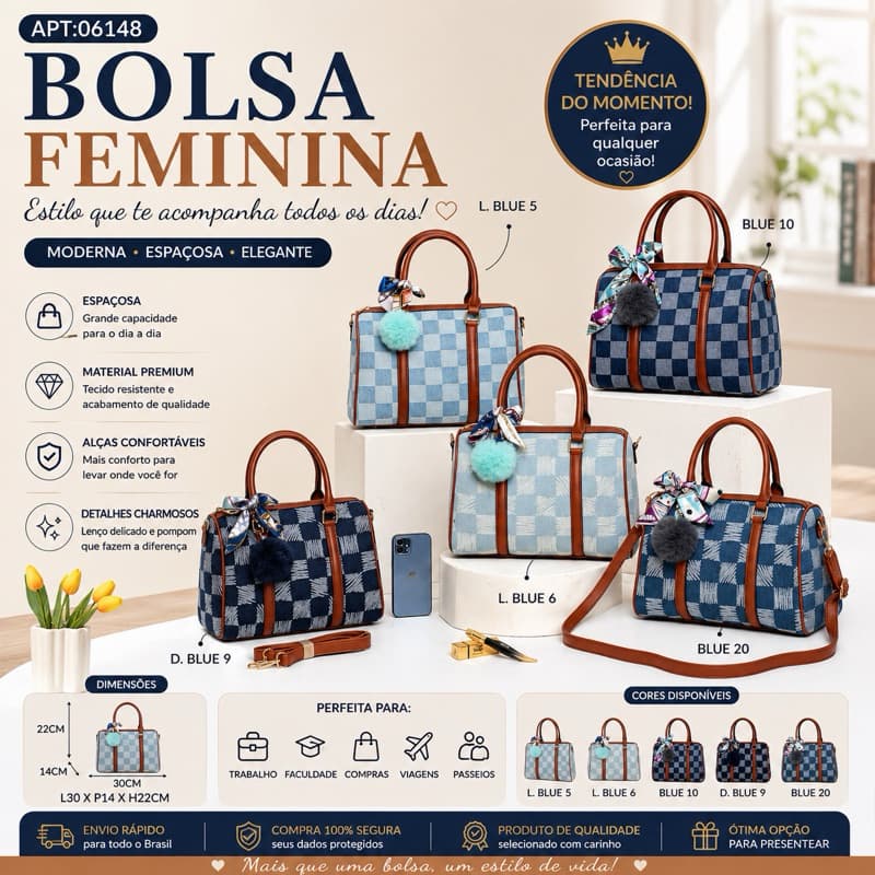 Bolsa Feminina Xadrez Jeans Grande com Alça de Ombro | Bolsa Tote Casual Elegante para Trabalho e Faculdade 06148
