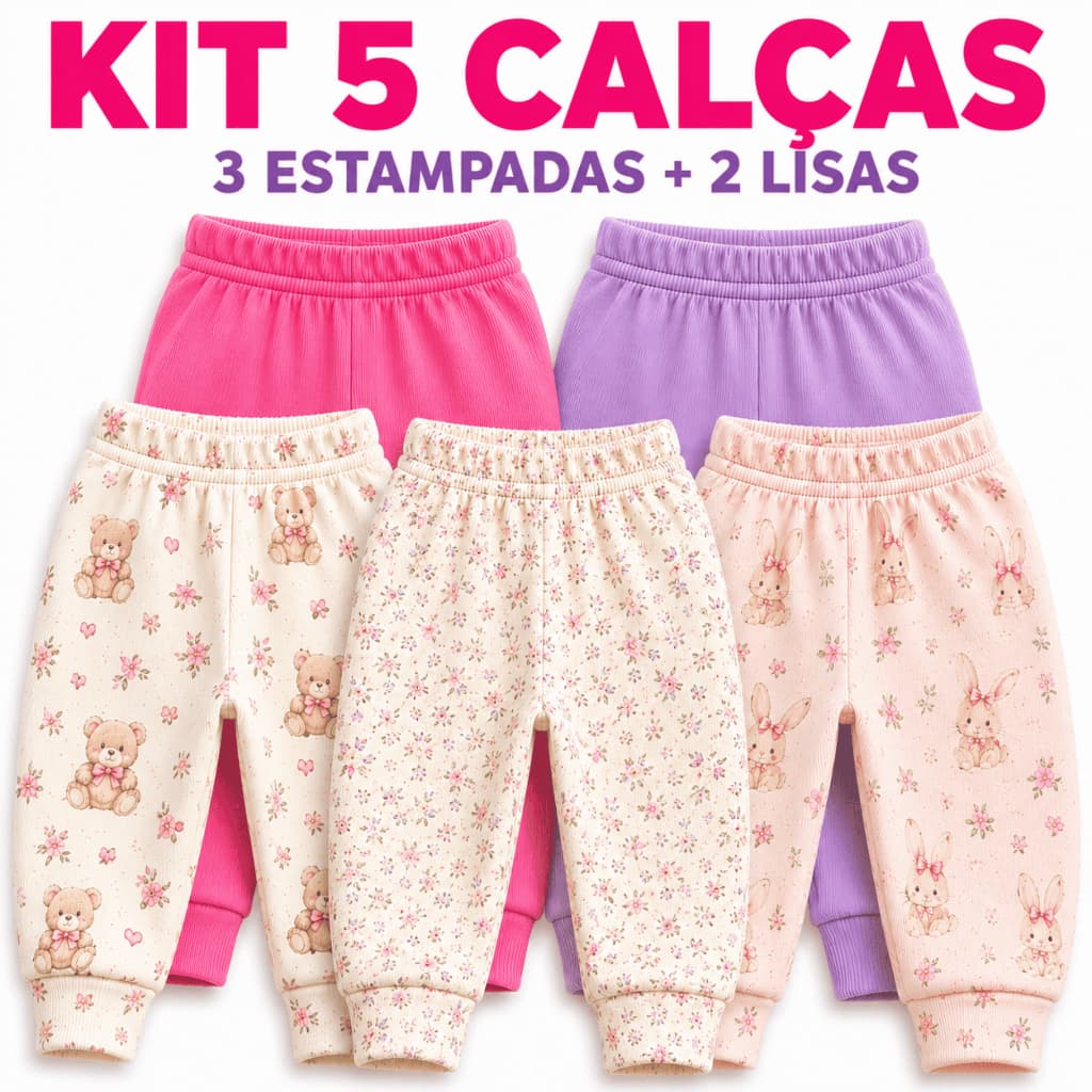 Kit 5 Mijão Bebê Menina Culote 100% Algodão Malha Canelada Calça Bebê Enxoval RN P M G Recem Nascido Inverno Verão