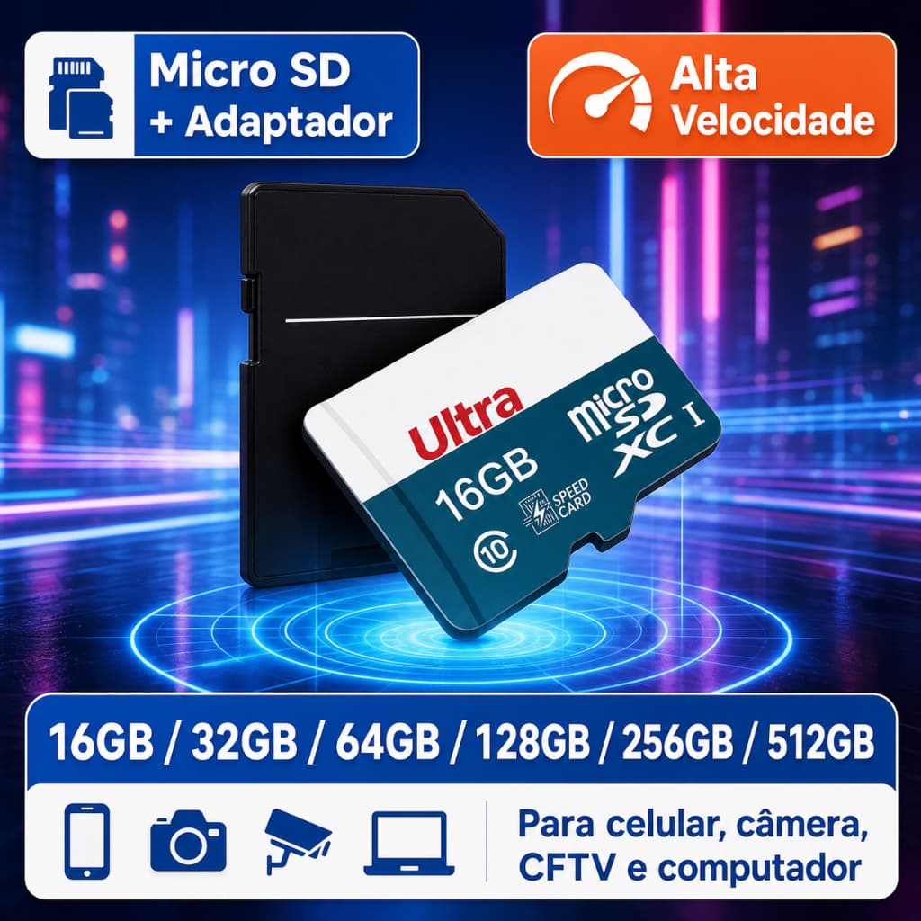 Cartão de Memória Micro SD 16GB 32GB 64GB 128GB 256GB 512GB Velocidade Alta + Adaptador SD