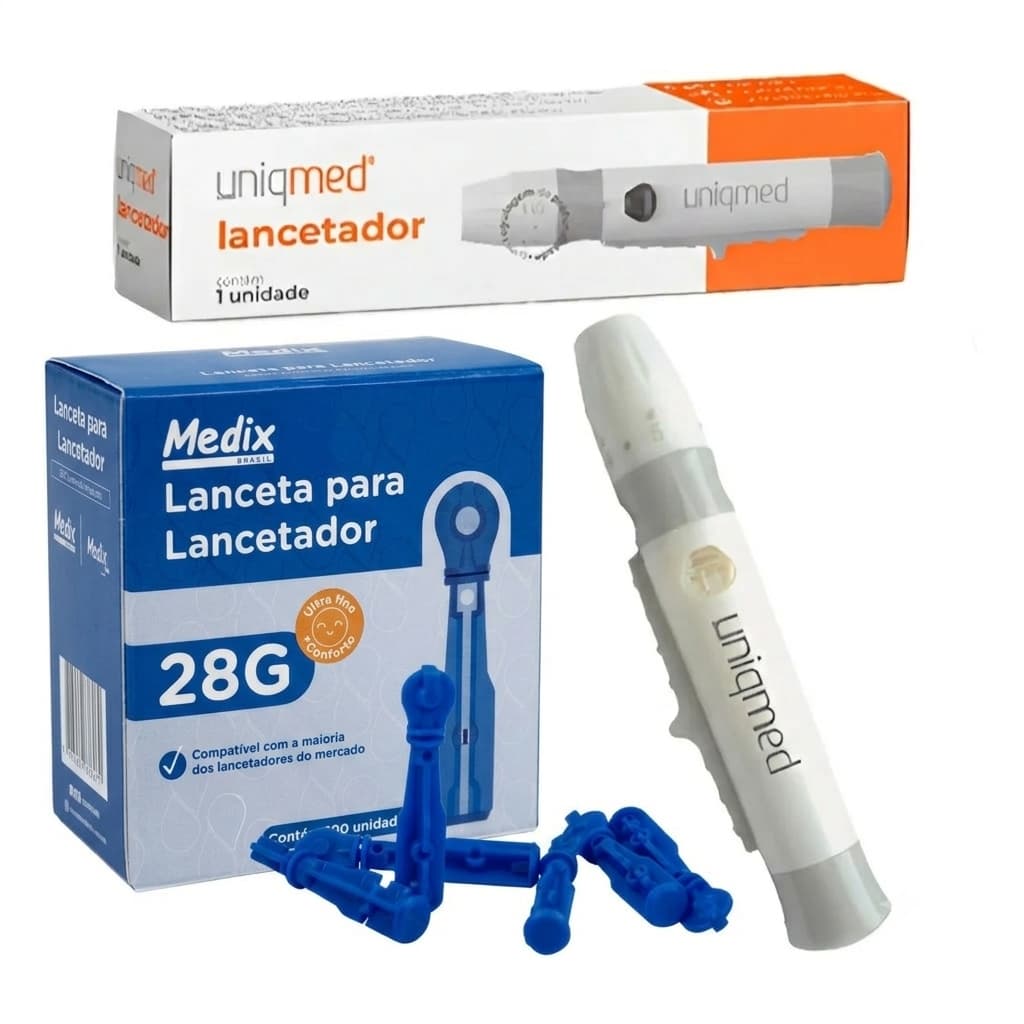KIT LANCETADOR + 100 LANCETAS UNIVERSAL UNIQMED MEDIR GLICOSE GLICEMIA