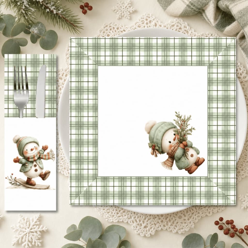 Kit 24 Peças 12 Porta-Talheres + 12 Guardanapos Natalinos Estampados para Mesa Posta e Ceia de Natal