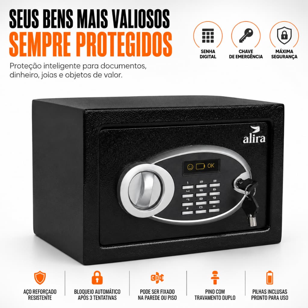 Cofre Eletrônico Digital Alira Home MR-BX005 Senha Digital Chave Emergência Aço Reforçado 30x20x20cm
