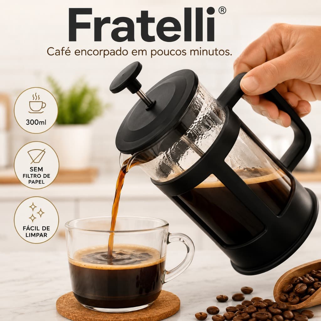 Cafeteira Francesa Fratelli 300ml Prensa Francesa Vidro Café Chá French Press Preta