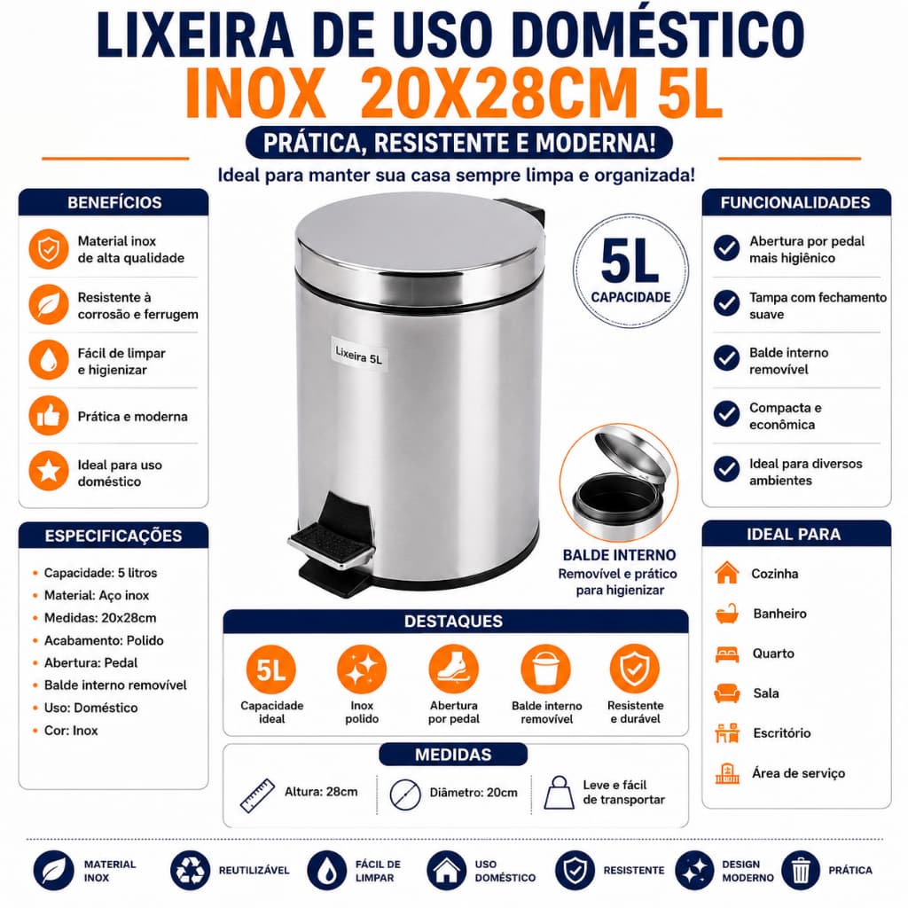 Lixeira Inox 5L com Pedal para Banheiro Cozinha 20x28 Lixeira Inox 5L Pedal  para Banheiro e Cozinha