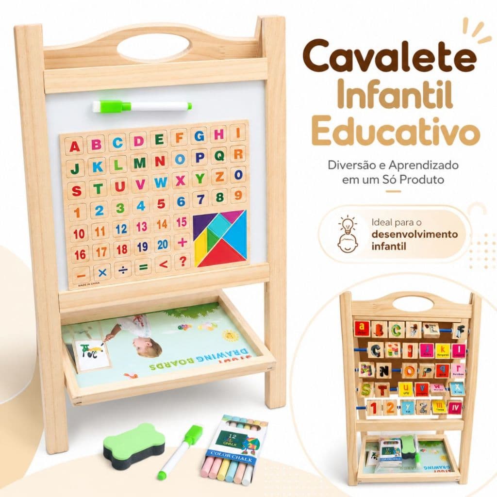 Quadro Educativo Pedagógico Infantil 2 em 1 Com Letras Magnéticas e Lousa Branca