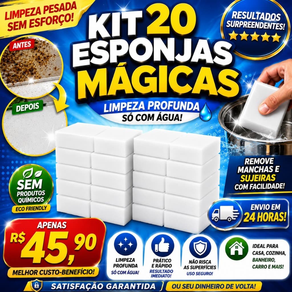 🏆🧽 Kit 20 Esponjas Mágicas Multiuso | Remove Manchas Difíceis 💦 | Limpeza Só com Água | Postagem em 24h 🚚